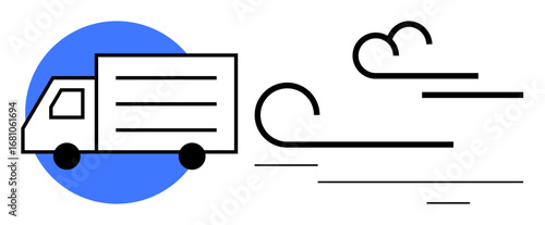 Moving truck with bold lines, blue circle, abstract wind and motion lines. Ideal for logistics, shipping, delivery service, speed, efficiency transportation express service. Simple flat metaphor