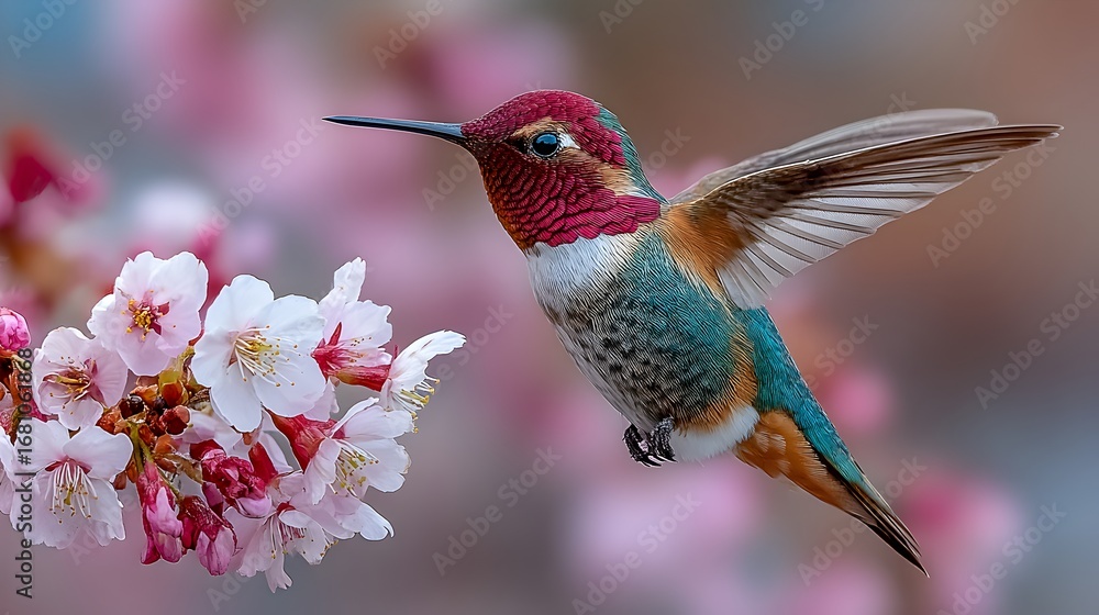 Fototapeta premium A colorful hummingbird gracefully flies near delicate pink and white blossoms in a vibrant sp setting.