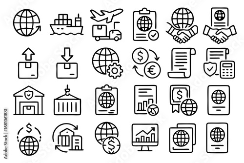 Global Trade and Logistics Icon Set - Outline Style
