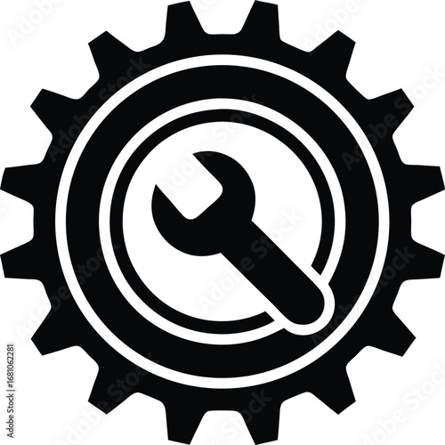 Mechanical wrench emblem within a circular gear frame for industrial branding