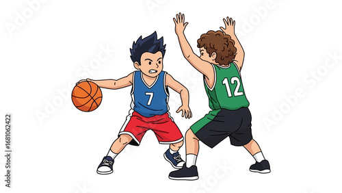 Basketball Duel: Two determined players engaged in a fierce basketball game. One dribbling the ball, the other attempting to block a shot. Captured in a vivid illustration.