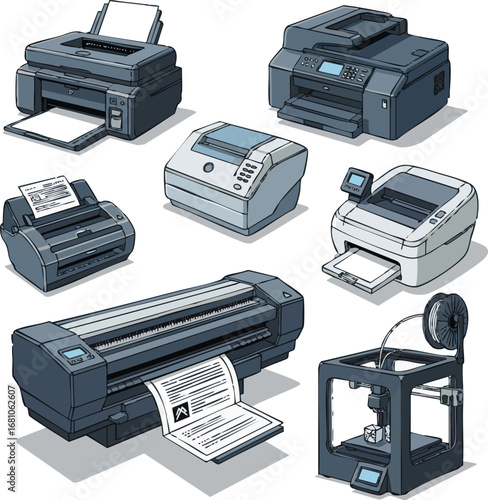 create need a kinds of different printer device victor art on white Background.