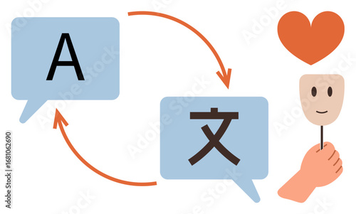 Blue speech bubbles with text, circular arrows showing exchange, hand holding mask and heart symbol. Ideal for communication, language, translation, identity, understanding culture education. Clean