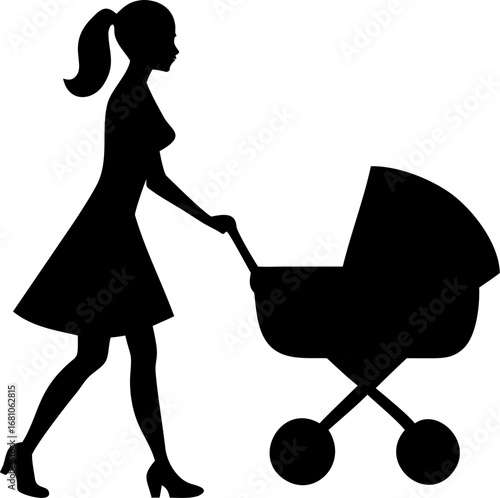 Silhouette of a mother walking with a baby stroller.
