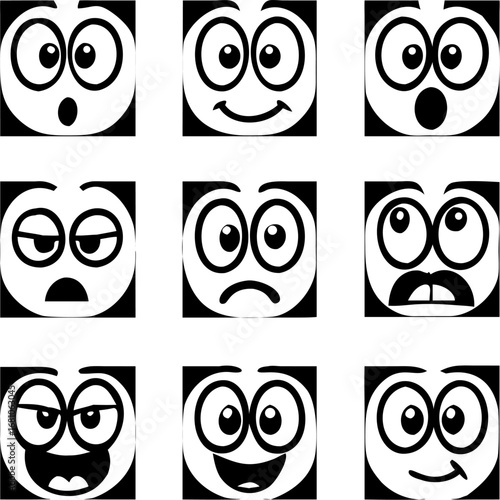 A grid of nine black and white cartoon faces depicting various emotions and expressions, from happy to surprised and sad.