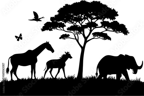 African wildlife silhouettes: elephant, giraffe, zebra, and more.