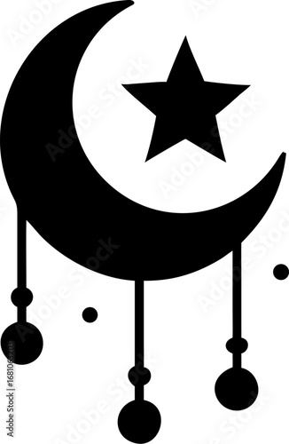Black silhouette of a crescent moon and star with decorative dangling beads, resembling a celestial dreamcatcher or mobile.