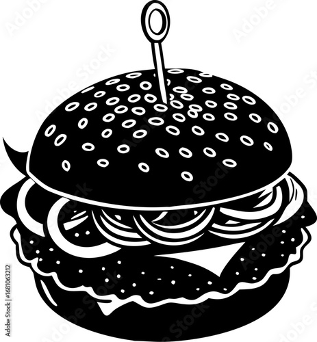 Black and white illustration of a delicious burger with sesame seed bun and toppings.