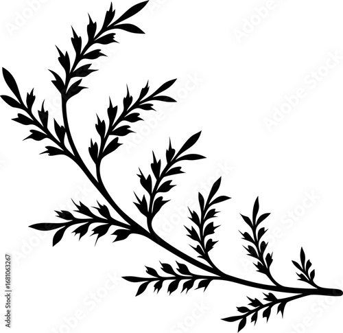 Elegant black silhouette of a stylized fern frond or leafy plant branch, isolated on a clean white background.