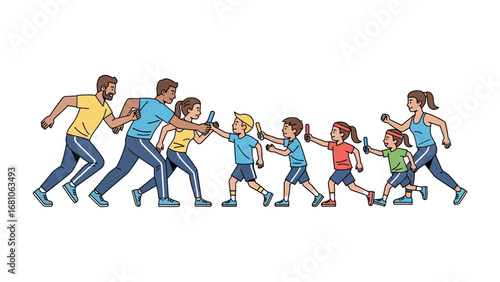 Relay Race Fun: A lively family participates in a playful relay race, passing batons with excited faces, representing health, energy, and unity.