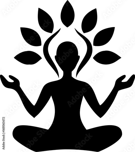 Silhouette of a person in lotus position with tree above, representing meditation and wellness.