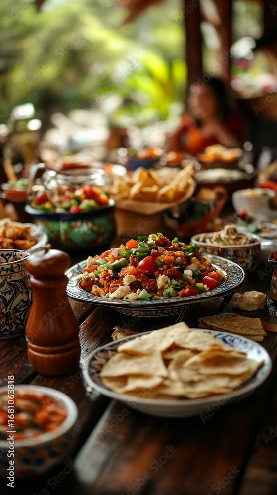 Fototapeta premium A variety of dishes on the table in a cozy restaurant conveys an atmosphere of hospitality and enjoyment of food, useful for culinary blogs and restaurant advertising.