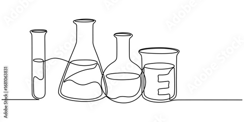 lab chemical glass continuous one line drawing, Minimalist glassware for laboratory research, Laboratory glass equipment sign, Flask and beaker and laboratory test tube., Medical And Healthcare Icon.