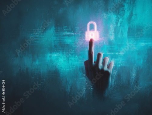 Wallpaper Mural Hand Touching Glowing Lock Icon on Digital Security Interface. AI generative Torontodigital.ca