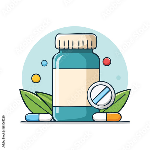 Healthcare and medicine concept illustrated with a blue pill bottle and colorful capsules, a flat design icon 