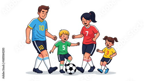 Family Soccer Fun: A heartwarming cartoon illustration captures a family engaged in a friendly soccer match, radiating joy and togetherness on a sunny day.