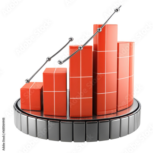 3d rendering of a vibrant red bar graph with an upward trending line showcasing growth and success on a sleek modern silver platform against black backdrop on transparent background