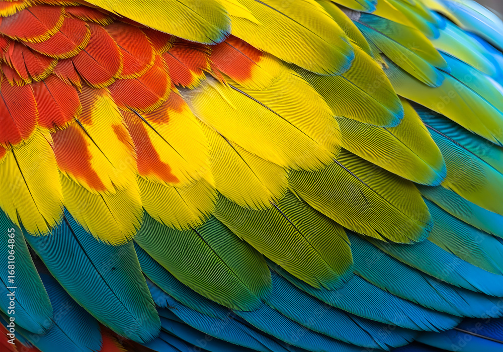 Fototapeta premium Colorful Parrot Feathers Close-Up with Vibrant Details