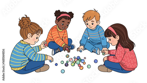Joyful Marble Game:  A group of children gather together and focused, absorbed in a game, as they play marbles, fostering social interaction and the joy of shared experiences.