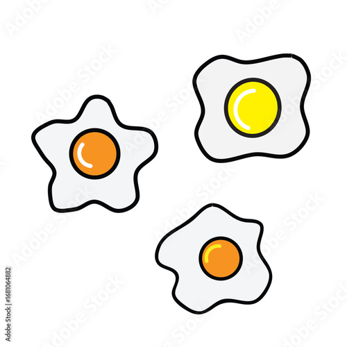 Cartoon illustration of three fried eggs with different shapes and yolk colors, including a star-shaped egg, on a white background.