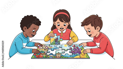 Puzzle of Friendship: Three diverse children collaborate, their faces lit with concentration as they assemble a vibrant jigsaw puzzle, a beautiful metaphor for unity.