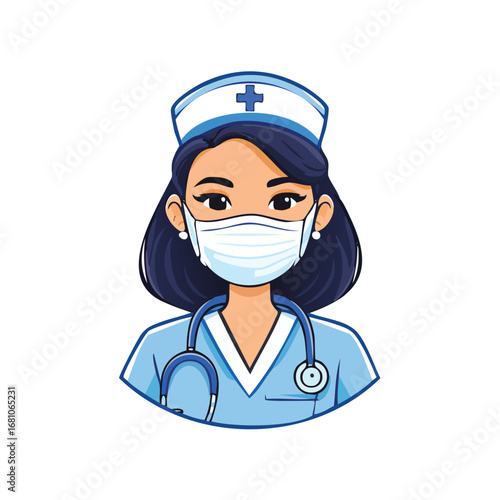 Professional female nurse character in a blue uniform wearing a protective face mask and stethoscope, representing healthcare and medical services