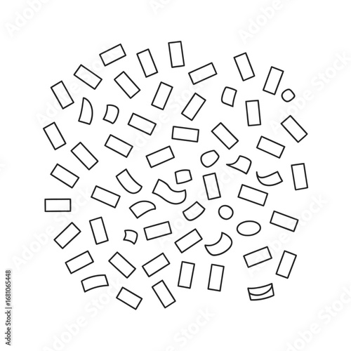 Abstract pattern of hand drawn rectangles and circles in a circular composition