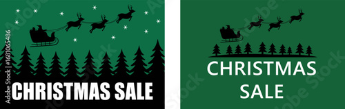 Magical Santa sleigh flies over festive forest during holiday sale promotion