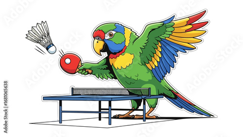 Parrot's Table Tennis: A vibrant parrot serves with energetic precision, holding a paddle to hit the shuttlecock across a table in a fun illustration. 