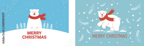 Joyful polar bear in a snowy landscape with a festive red scarf with text "Merry Christmas"