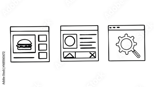 Modern web design icons show online ordering, user interface, and search engine optimization.