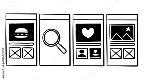 Modern website design wireframes showcasing diverse content layouts and user interface elements