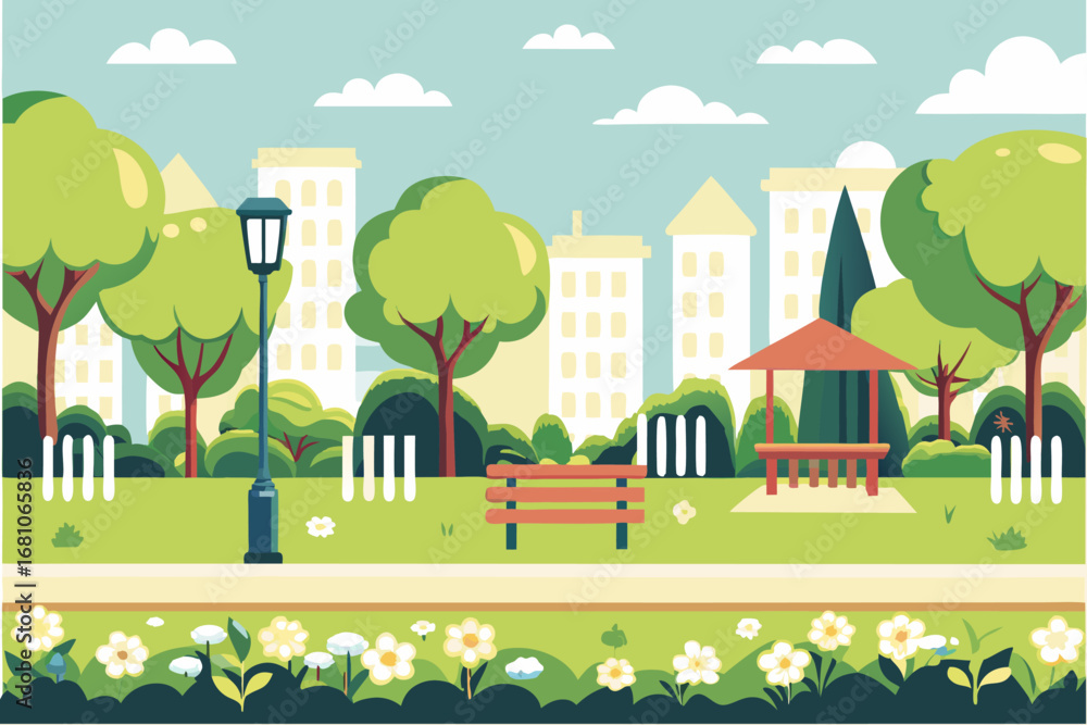 Fototapeta premium a serene park scene with trees benches flowers and cityscape