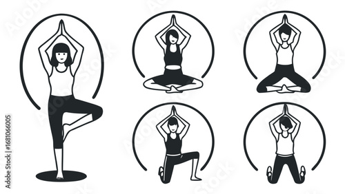 Diverse women practice yoga poses in clean, modern graphic style