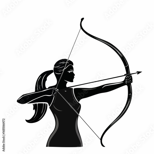 One archer aiming a bow black silhouette vector with white background