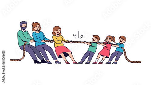 Tug of War Family: A family engages in a lively tug-of-war game, symbolizing the bonds of love and playful competition. The animated scene captures the spirit of teamwork and shared experiences.