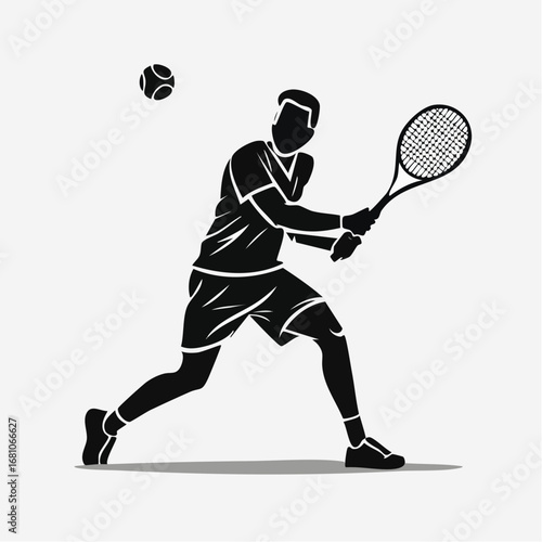 One tennis player hitting a serve black silhouette vector with white background