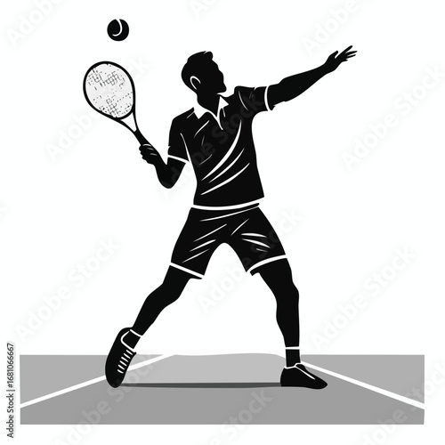 One tennis player hitting a serve black silhouette vector with white background
