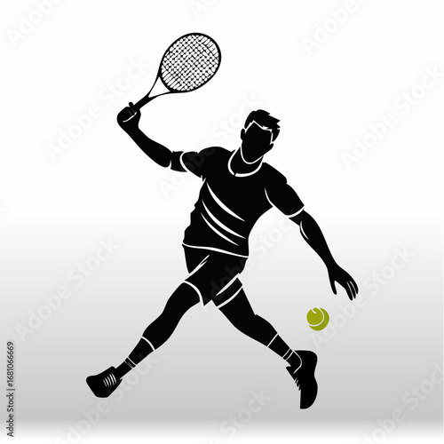 One tennis player hitting a serve black silhouette vector with white background