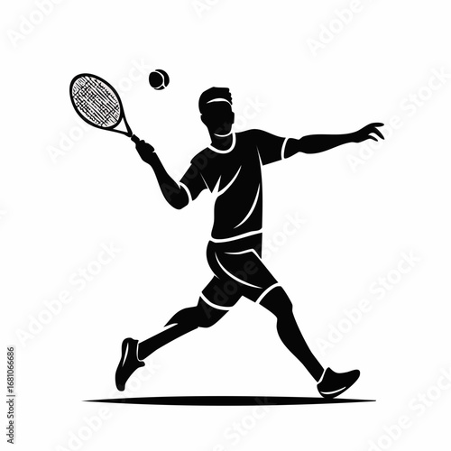 One tennis player hitting a serve black silhouette vector with white background