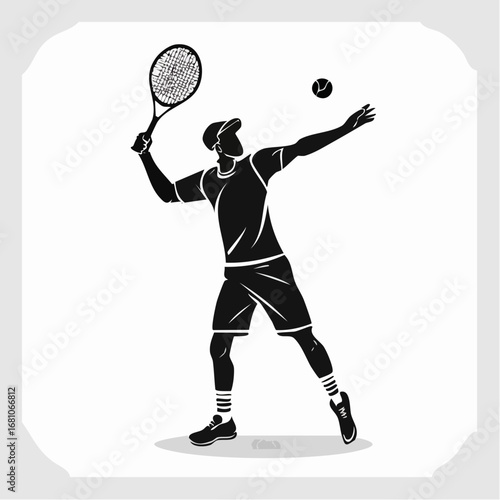 One tennis player hitting a serve black silhouette vector with white background