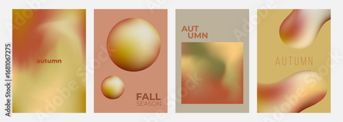 Autumn theme set of abstract backgrounds with vibrant color gradient for Fall Season creative graphic design. Blurred effect and liquid shapes. Vector illustration.