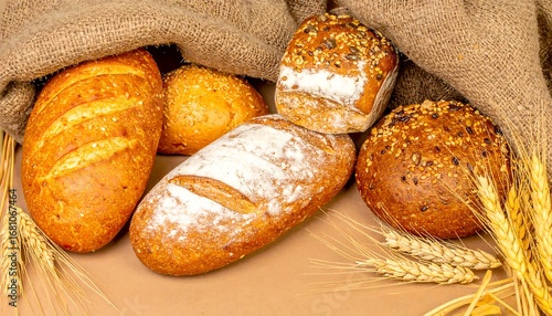 An inviting assortment of freshly baked artisan bread loaves and rolls, displayed with wheat stalks against a rustic burlap sack