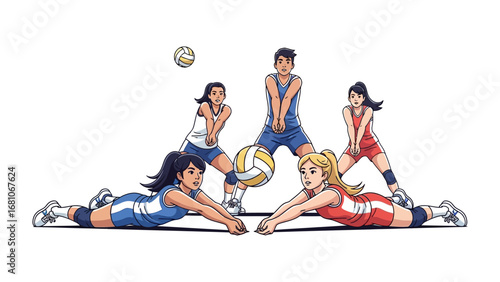 Volleyball Team in Action: Dynamic illustration captures the essence of a volleyball match. A group of volleyball players are ready to spike or pass the ball, showcasing teamwork and athleticism.