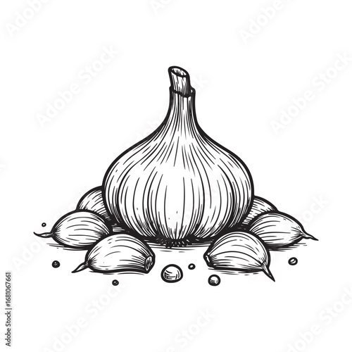 Garlic bulb and cloves illustration, isolated on white background