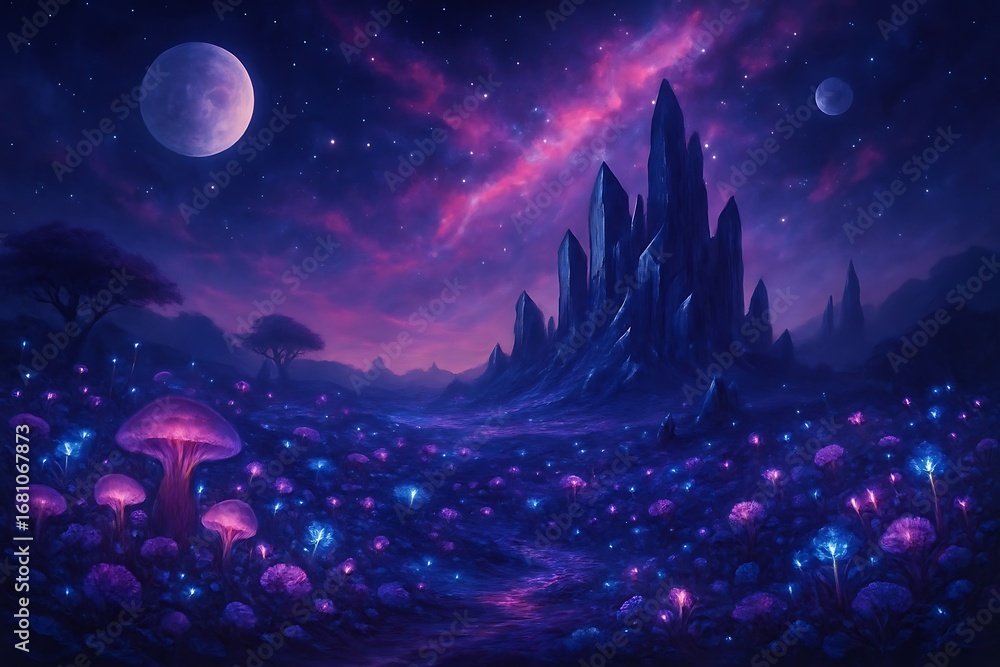 Fototapeta premium Enchanting fantasy landscape glows with bioluminescent flora under a starry, moonlit sky