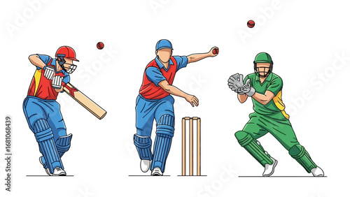 Dynamic Cricket Action: An illustrative capturing cricket players engaged in different moments. The bowler readies to deliver the ball, the batsman prepares to strike.