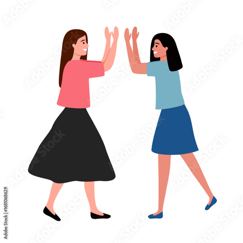 Happy best friends give high five. Two girls greeting. Female celebrating meeting with claps of hands together, positive gesture of trust and friendship vector illustration