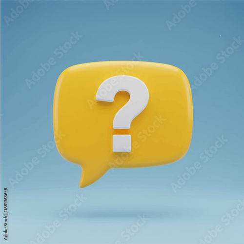 Question Bubble: A modern digital illustration features a vibrant yellow speech bubble housing a crisp white question mark, set against a soothing blue backdrop, conveying ideas.