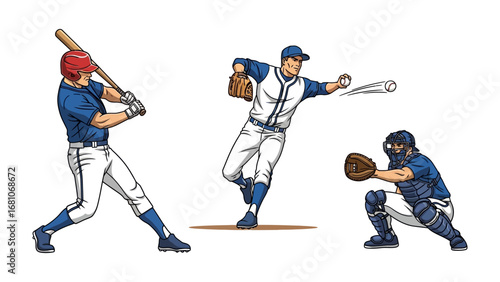 Dynamic Baseball Players in Action: Energetic illustrations capture the essence of baseball, with a batter swinging, a pitcher throwing, and a catcher poised.